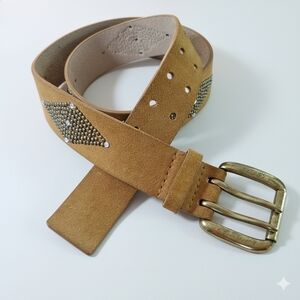 Calvin Klein 35-40" Belt Brown Suede Studded Double Brass Buckle Tan Rhinestone